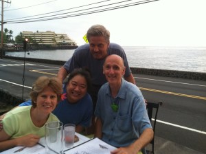 Here are the four of us!  After ordering, it started to rain, so we moved inside under cover. 